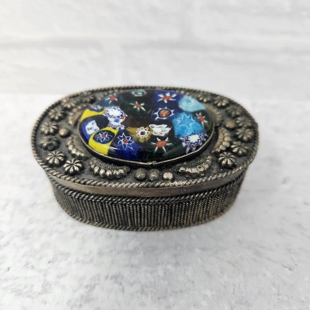 Vtg Ornate MILLEFIORI GLASS Silverplate Trinket Box Velvet Lined 1.75 Tall Italy